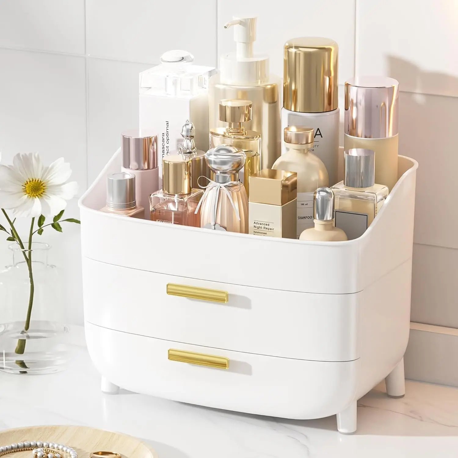 3-Tier Skincare Makeup Organizer with Drawers for Vanity and Bathroom Countertop, Large Cosmetic Storage Box Case for Dresser, with Non-Slip Base