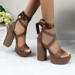 Women's Suede High Heels Platform Sandals Lace-up Strappy Gladiator 5.51-inch Chunky Block Heel Open Toe Heeled Footwear Girl Ladies Elegant Fashion Sexy Summer Casual Dressy Shoes for Wedding Party Evening Nightout