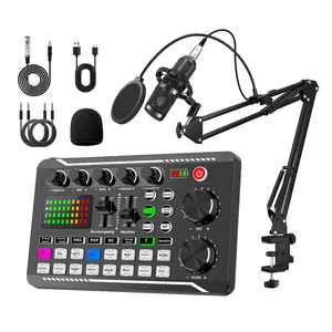 F998 Podcast Live Equipment Bundle, Professional Live Audio Equipment Mic Bundle with RGB Lighting Buttons For BM800 Microphone Mixer Recording Studio Package, Sound Card Set