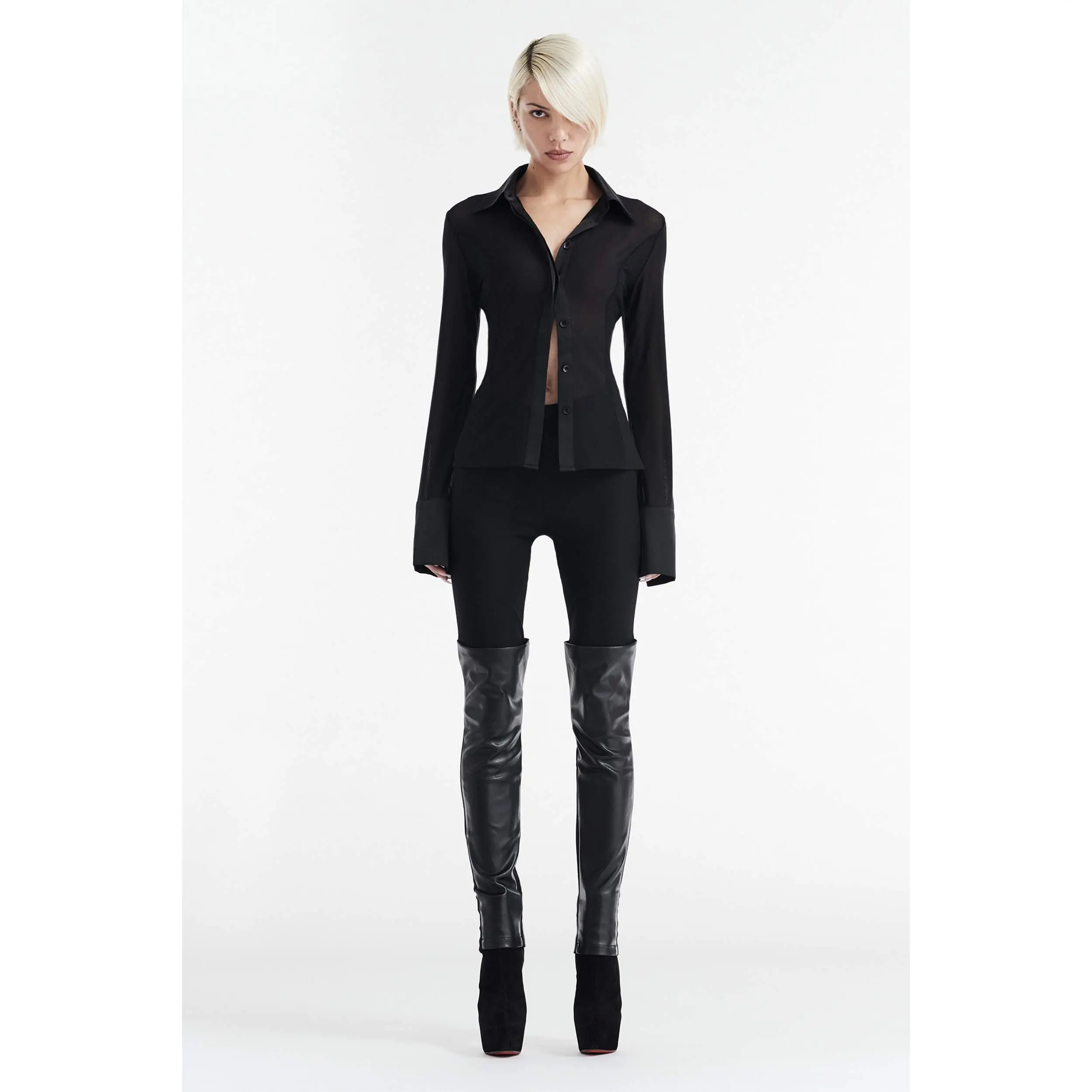 SOLANGE MESH LONG SLEEVE BUTTON UP SHIRT - BLACK