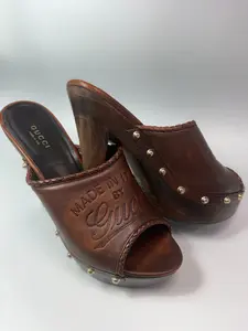 Gucci Brown Leather Platform Mule Heels with Wood Size 38