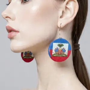 Haiti Flag Logo Earrings - Round Shape with Haitian Flag Design, Ideal for Haitian Pride