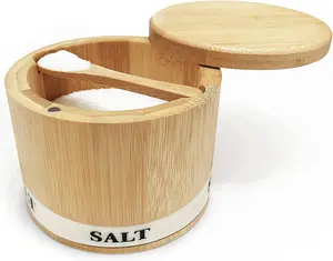 Salt Box Bamboo Salt Container with Swivel Lid Magnetic Closure Includes Spoon for Measuring Eco Friendly Kitchen Spice Storage