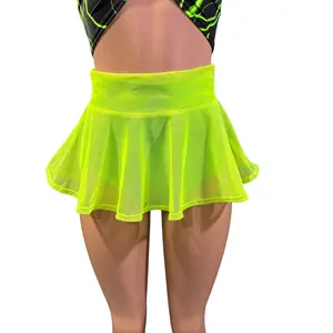 Neon Lime Green Mesh Super Mini 10" High Waisted Skater Skirt