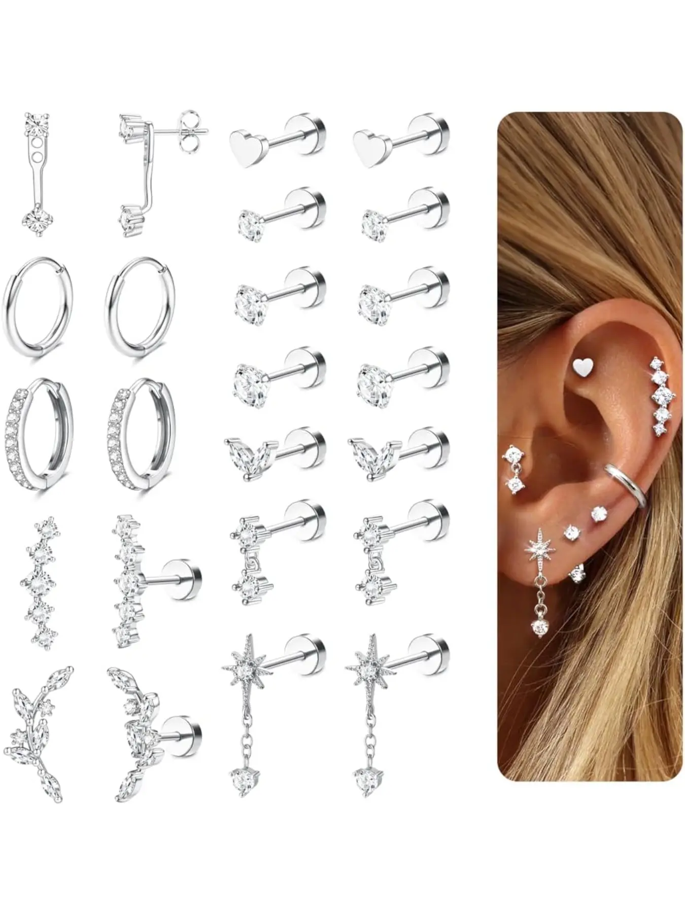 12 Pairs Women's Hypoallergenic Stud and Hoop Earrings Set, Stainless Steel Huggie Earrings for Multiple Piercings, Stainless Steel Hoops, Stackable Silver-Tone Options