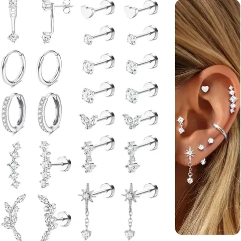 12 Pairs Women's Hypoallergenic Stud and Hoop Earrings Set, Stainless Steel Huggie Earrings for Multiple Piercings, Stainless Steel Hoops, Stackable Silver-Tone Options, Earrings Jewelry
