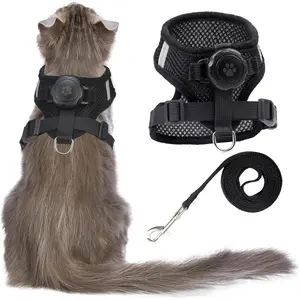 AirTag Cat Harness with Leash - Black Waterproof Holder | Escape Proof, Reflective Adjustable for Cats/Kittens/Puppies