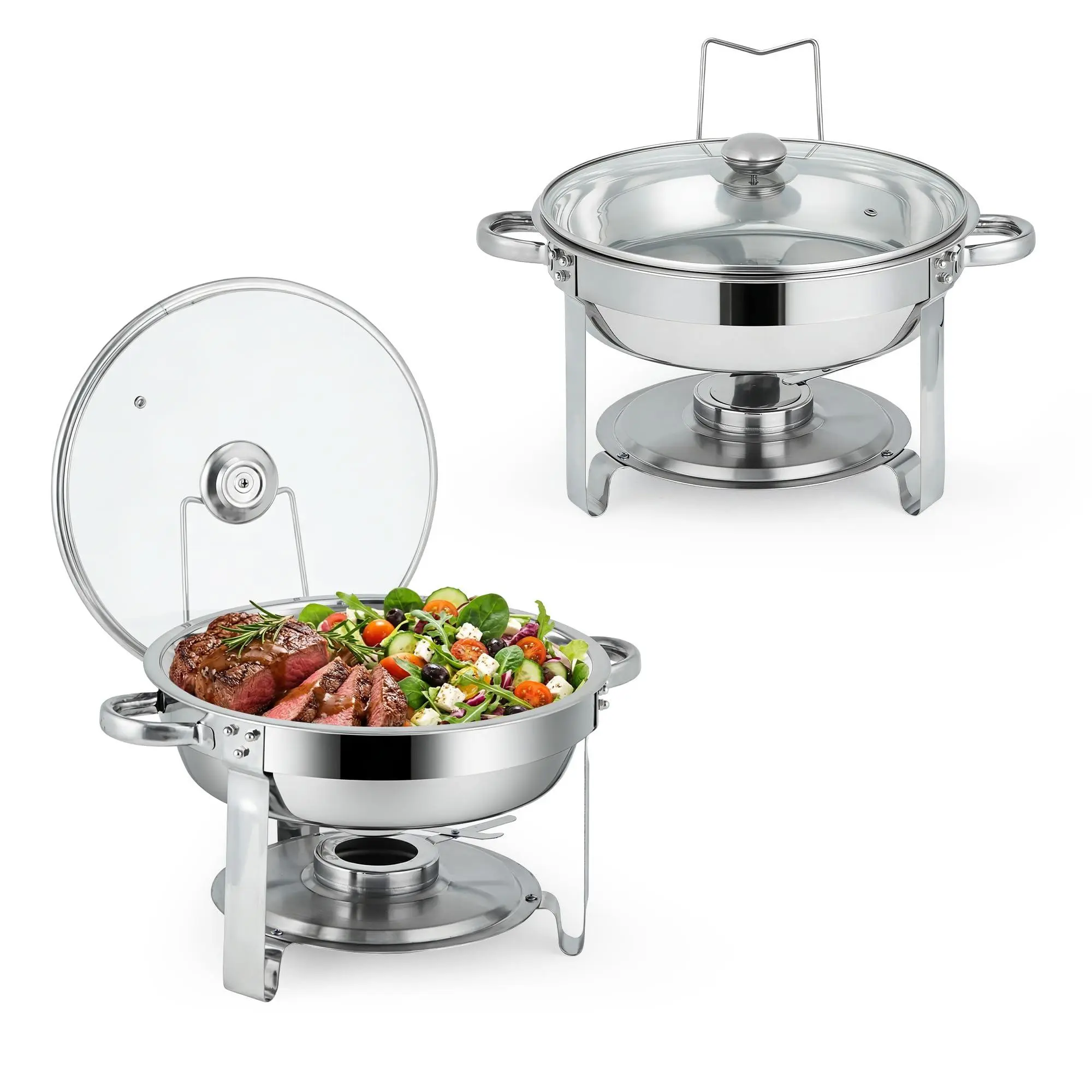 GARVEE 2-Pack Stainless Steel Round Chafing Dishes Set - 5 QT Stackable Food Pan with Transparent Glass Lid, Food Warmer Tray for Parties, Catering Events
