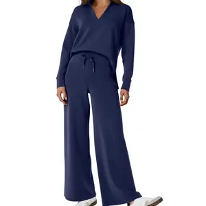 BerryGo Women's 2 Piece Sets Outfits Casual Long Sleeve Sweatsuits Polo Top and Wide Leg Pants Matching Sets Vneck Basic