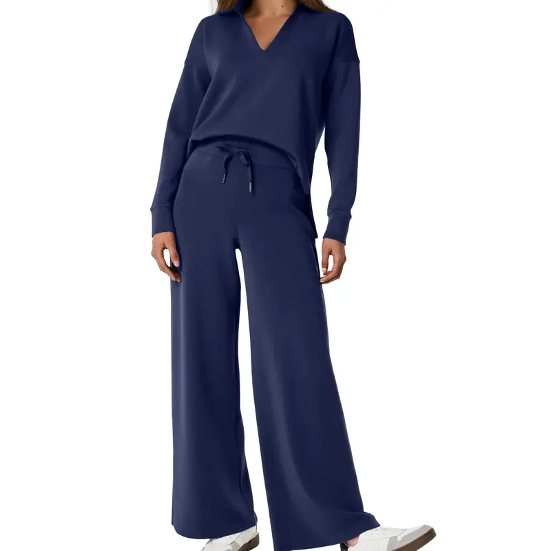 BerryGo Women's 2 Piece Casual Clothes for Women - Longsleeves Collared V-Neck Blouse, Drawstring Wide Leg Pants, 4-Way Stretch, Airy Fabric Feels Silky on Skin, Cold Wash, Dry in Shade