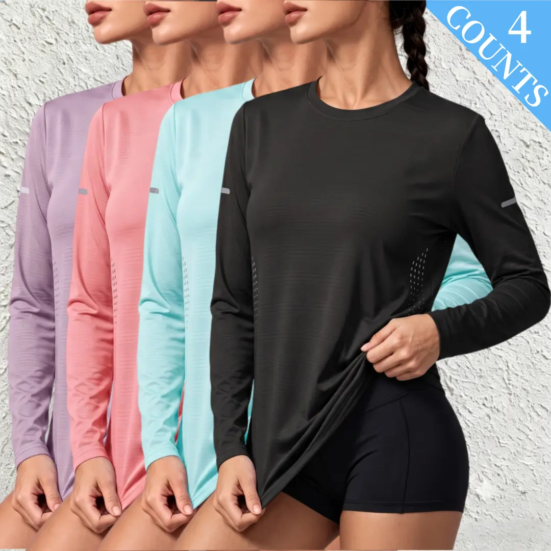 4-pack women’s long-sleeve sports T-shirts, quick-dry running tops, breathable long-sleeve running shirts, long-sleeve T-shirts, quick-dry, breathable functional fabric, side mesh cutout design, suitable for regular workouts