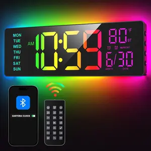 16.5" Large Wall Clock with BT Sync, RGB Lights with 11 Scenes Mode Remote, Big LED Clock with Dual Alarms, Auto DST, Temperature for Classroom Gaming