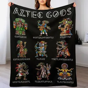 Aztec Gods Fleece Blanket, Ancient Mesoamerican Deities Print Soft Cozy Throw, Mexican Mythology Tribal Art Home Decor Gift for Couch Bed