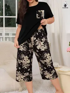 Women's Plus Size Knitted Pajama Set Floral Print Short Sleeve Top and Seven-Quarter Pants, Casual Loose Fit Sleepwear Loungewear for All Seasons