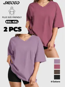 Jxgogo 2pcs Plus Size V Neck T-Shirt Set, Slimming Loose Fit Oversized Breathable Top, Trendy Lazy Casual Style Sister Set, Daily Athletic Sport Yoga Commute All Season