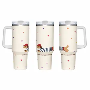 Stylish Portable 40oz Stainless Steel Insulated Tumbler - Leakproof Double Wall Hot/Cold Cup with Handle, Straw, Cream Base, Cute Red Cap, Striped Dachshund Wrap Print, Heart Polka Dot Star Accents, Inspirational Quote for Dachshund Lovers