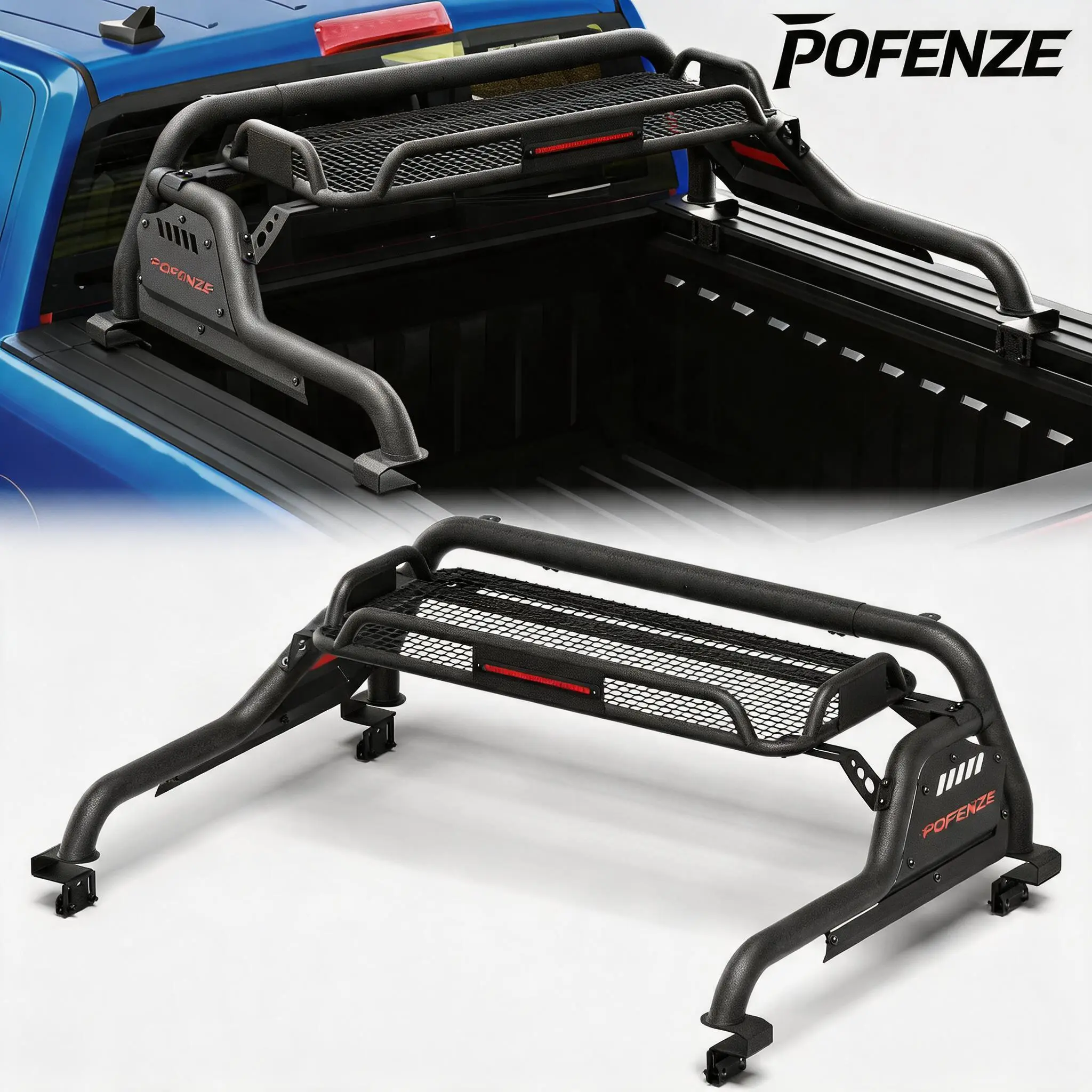 POFENZE-Mestan Truck Roll Bar with Basket, Adjustable Width 59.84"-65.35", Carbon Steel Truck Bed Rack and Chase Rack, 22.23" Height, Fits Full-Size Pickup Trucks with or Without Bed Rails Roof Top Ram car accessories Car Organizer Vehicle