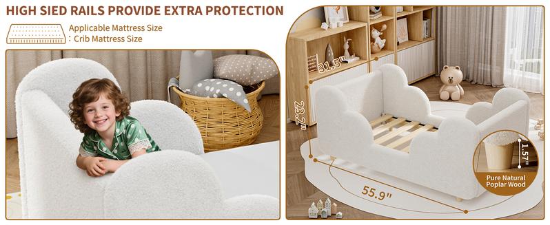 Lilypelle Toddler Bed Frame, Toddler Floor Bed Frame with Extra Safty Broad, Standard Crib Size Toddler Bed, Certified Fabric Toddler Beds Frame, Mattress Not Included