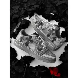 Men's Vintage Metal Chain Cross Sneakers, Trendy Comfortable Versatile Dark Style, Perfect for Daily and Fashion Scenes