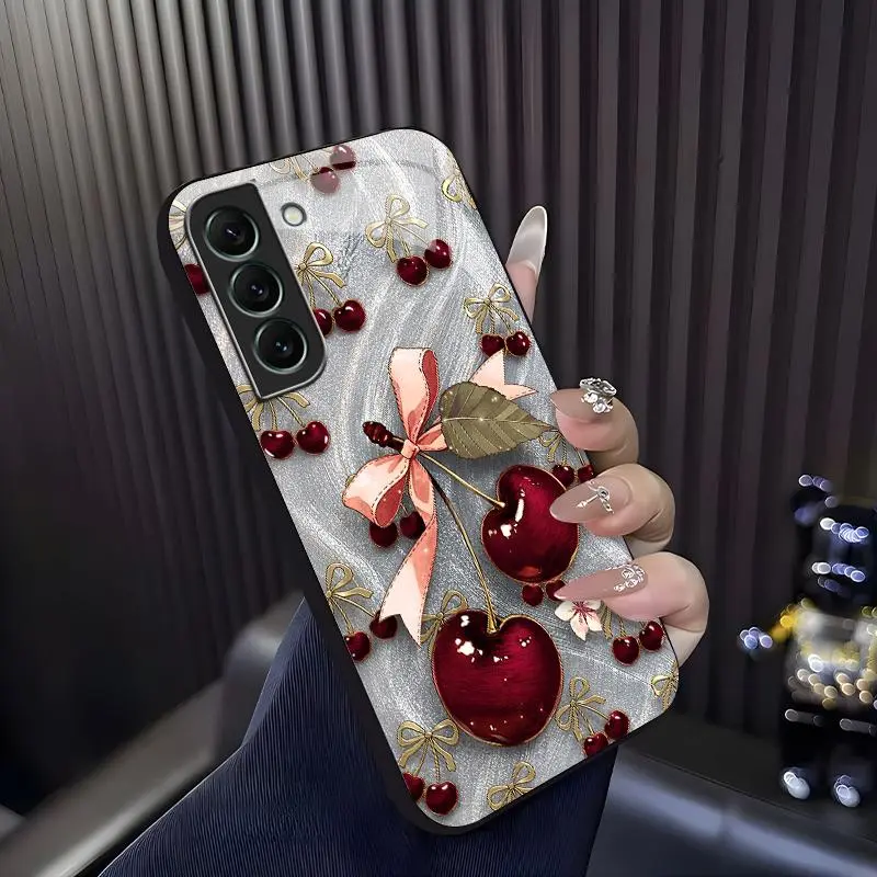 Cute Cherry Bow Smartphone Case - Coquette Aesthetic Glossy Cover for Samsung Galaxy S22 5G, Handheld Cellphone Protection for Electronic Devices (975)