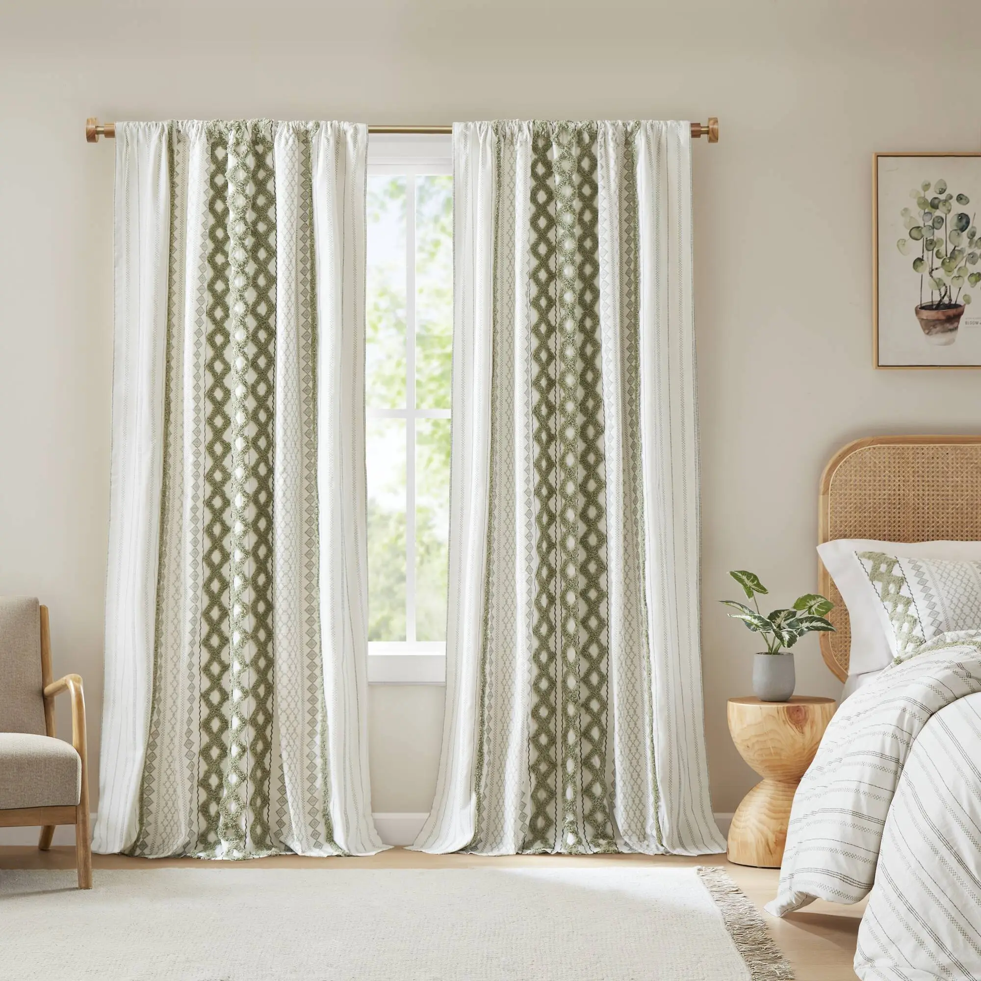 50x84 Inch Green Cotton Curtain Panel with Chenille Stripe and Lining, Light Filtering Drape for Living Room, Bedroom, 1 Panel, Soft Textured Privacy Window Treatment