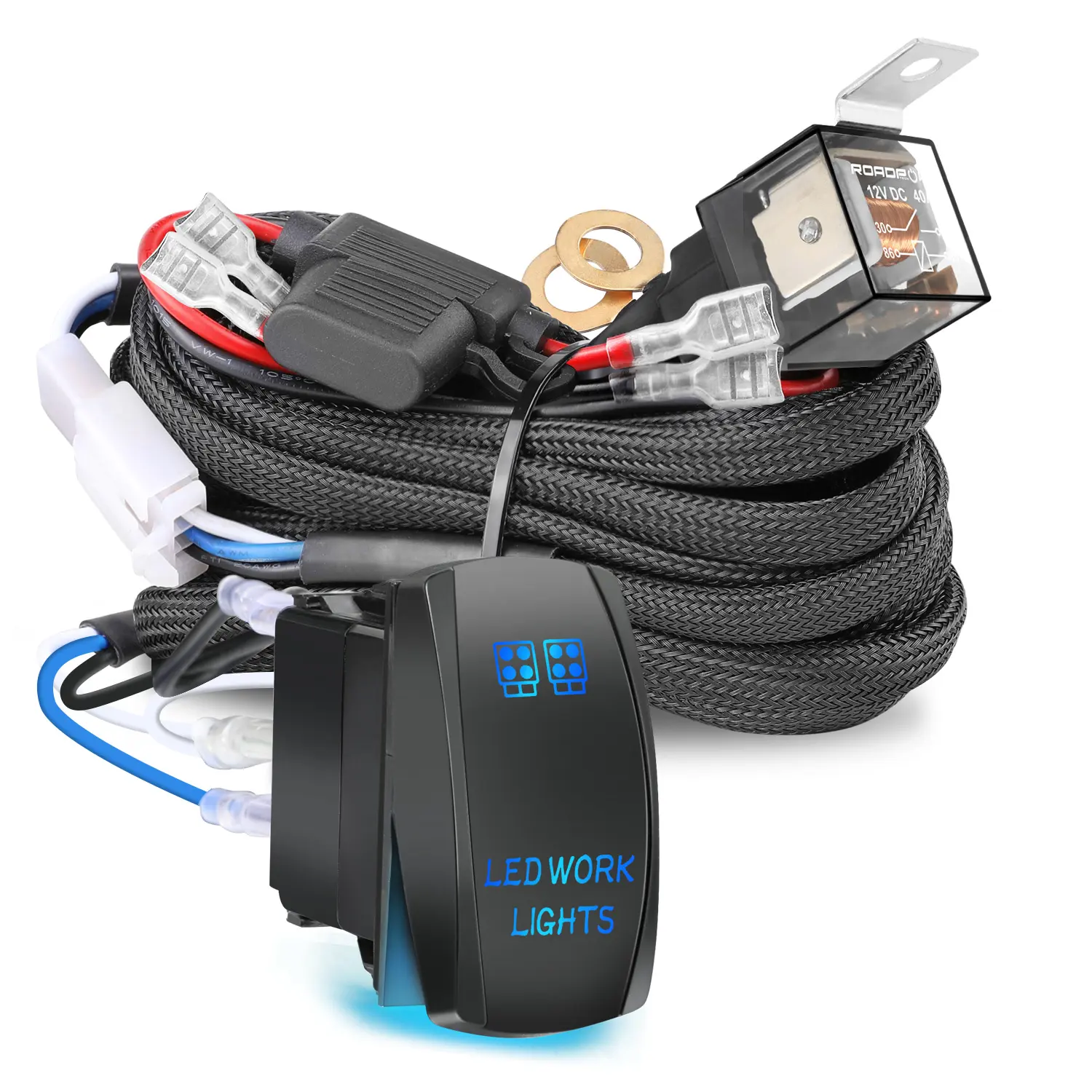 Wiring Harness 2 Lead, 12V 40A Rocker Switch Relay Fuse Nylon Wiring Harness Kit for LED Light Bars Fog Lights Work Lights Driving Lights Offroad LED Pods Wire Kit for Truck UTV ATV Boat