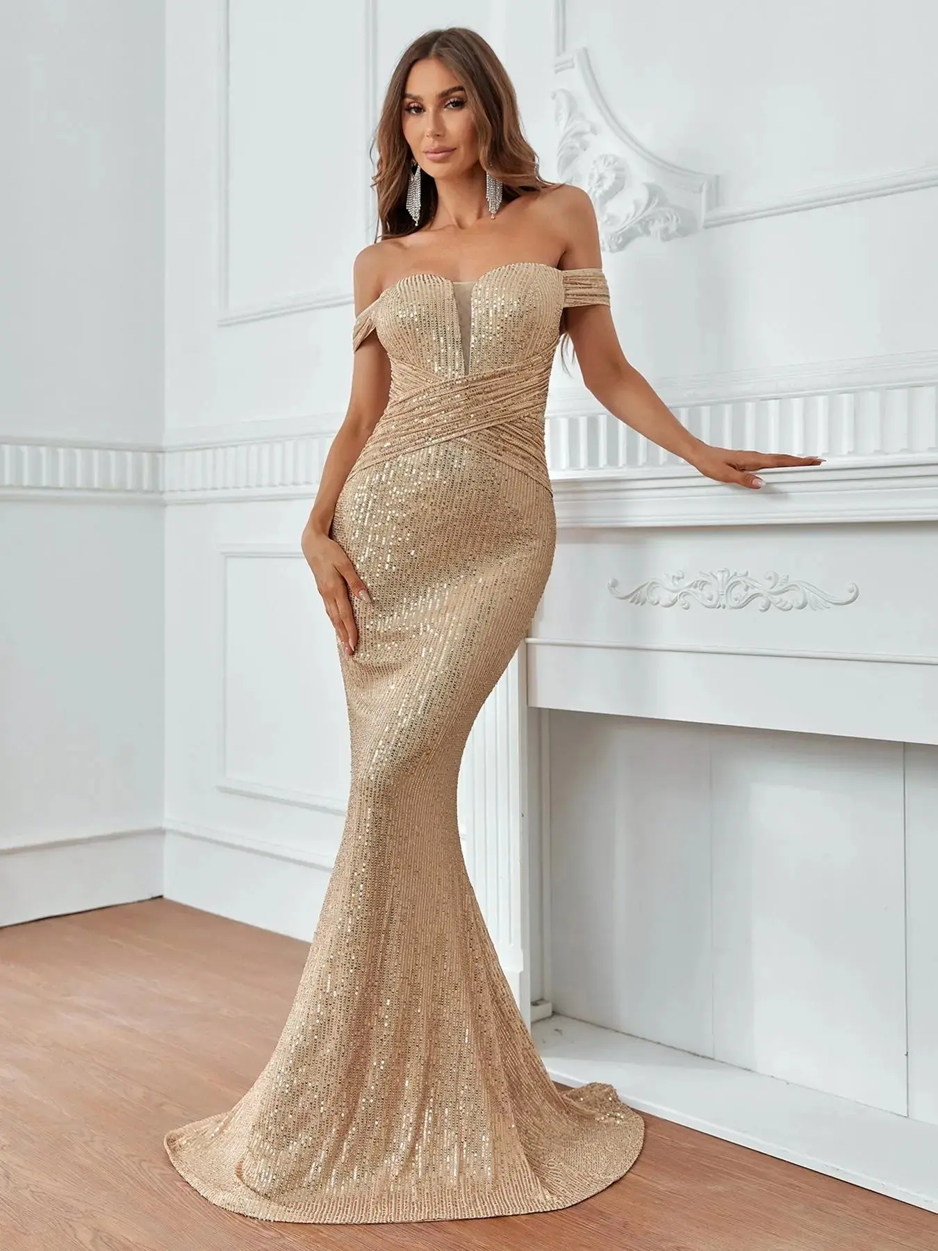 Women's Glitter Sequins Off Shoulder Mermaid Dress, Criss Cross Backless Maxi Evening Dress, Lady's Summer Formal Clothes