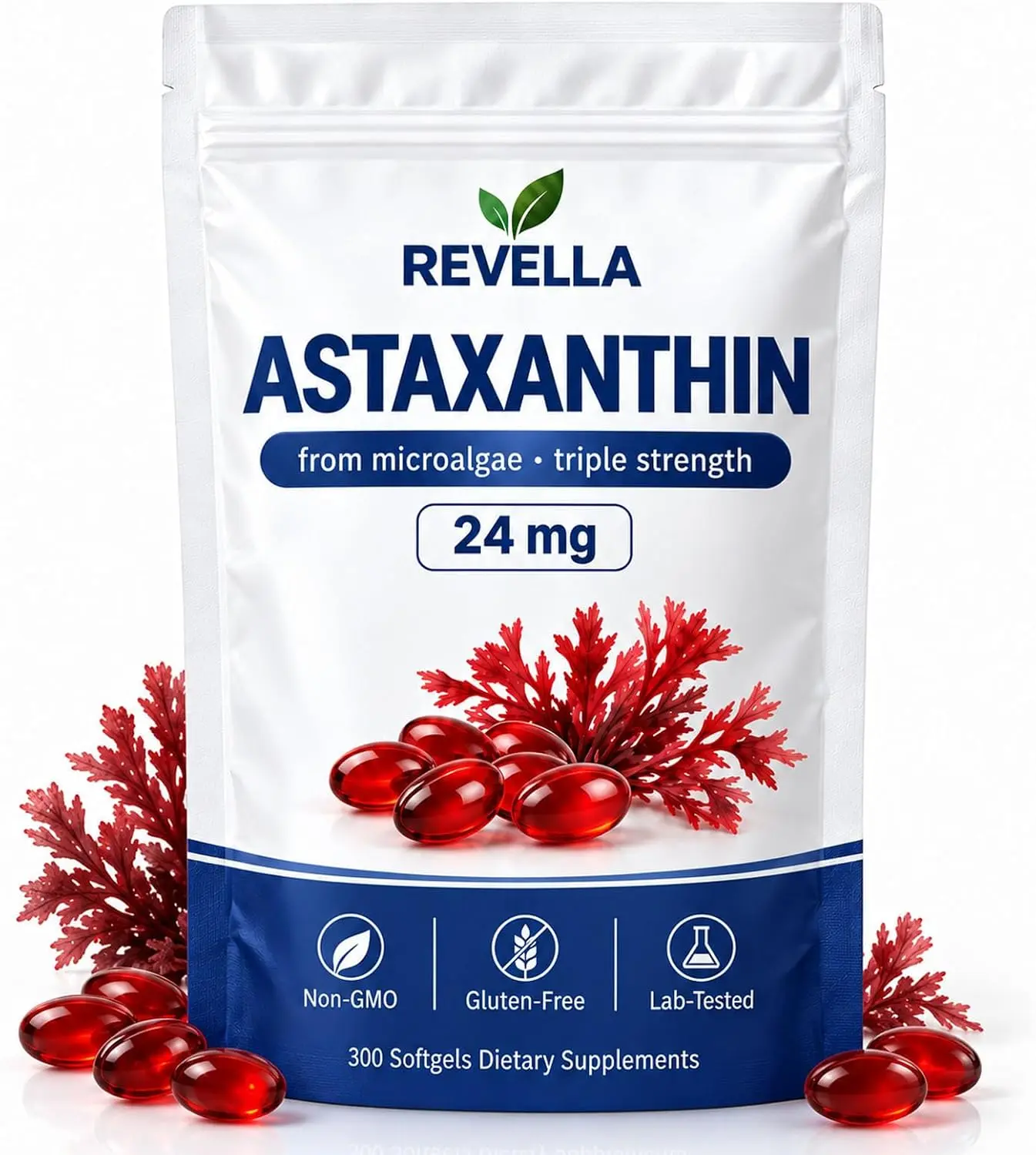 Revella Astaxanthin 24 mg from Microalgae Triple Strength 300 Softgels Non-GMO Gluten-Free Lab-Tested Dietary Supplements