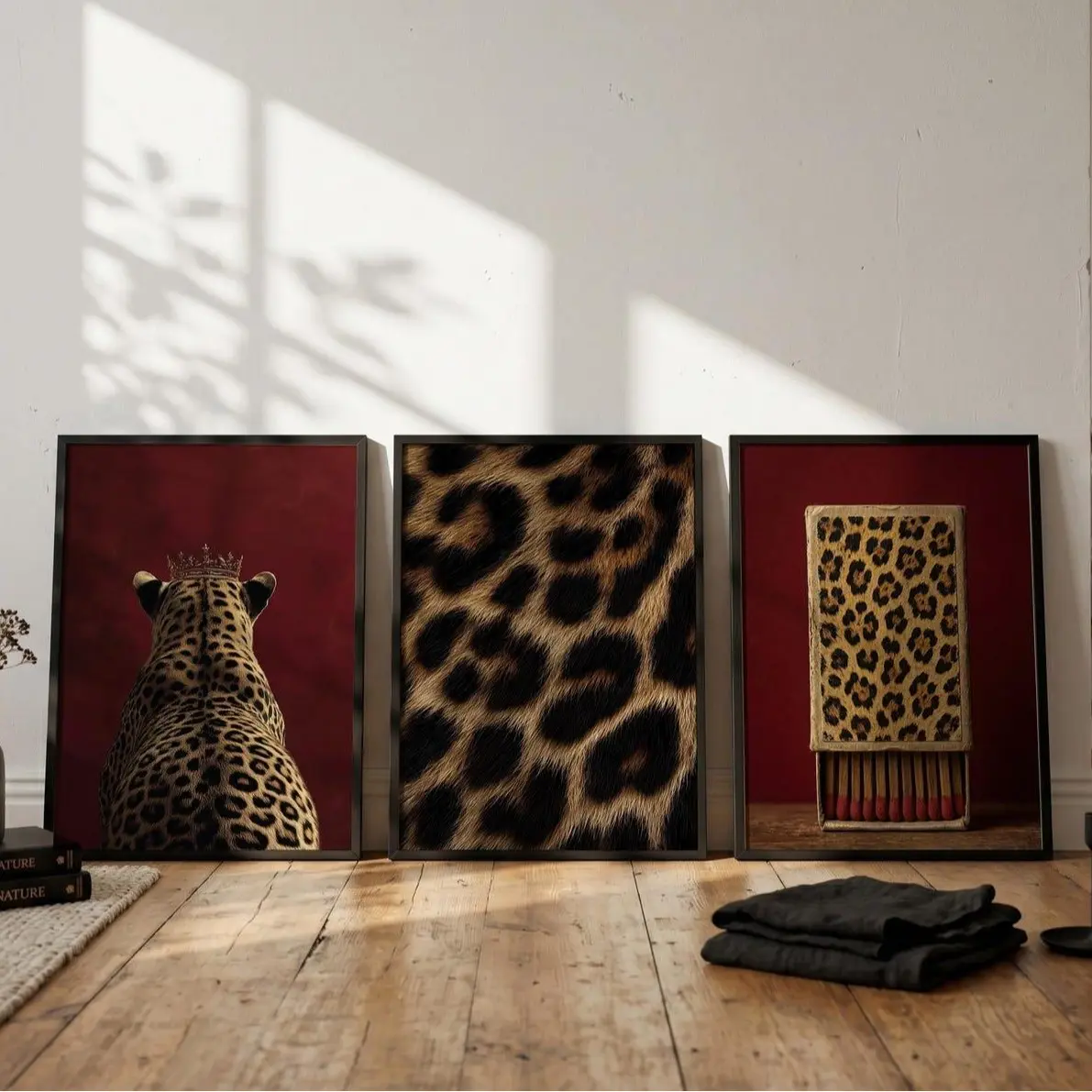 Leopard Print Wall Art Set of 3, Burgundy Maximalist Gallery Wall Set, Cheetah Print Art, Retro Luxury Home Decor,