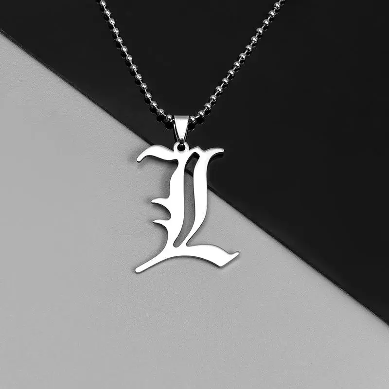 Anime Death Note L Lawliet Stainless Steel Old English Letter Pendant Necklace - Beaded Chain & Link, Durable Fashion Accessory, Female Cosplay Gift, Everyday Daily Use Jewelry