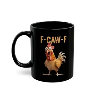 Humorous Chicken Suit Mug, F-Caw-F Funny Coffee Cup, Cartoon Rooster Parody Design, Sarcastic Political Gag Gift