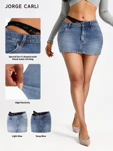 JORGE CARLI Women's Asymmetrical Waist Lace Design Denim Mini Skirt, Comfortable and Stylish Casual Fashion, Simple and Trendy Look, Stretchy Denim Skirts