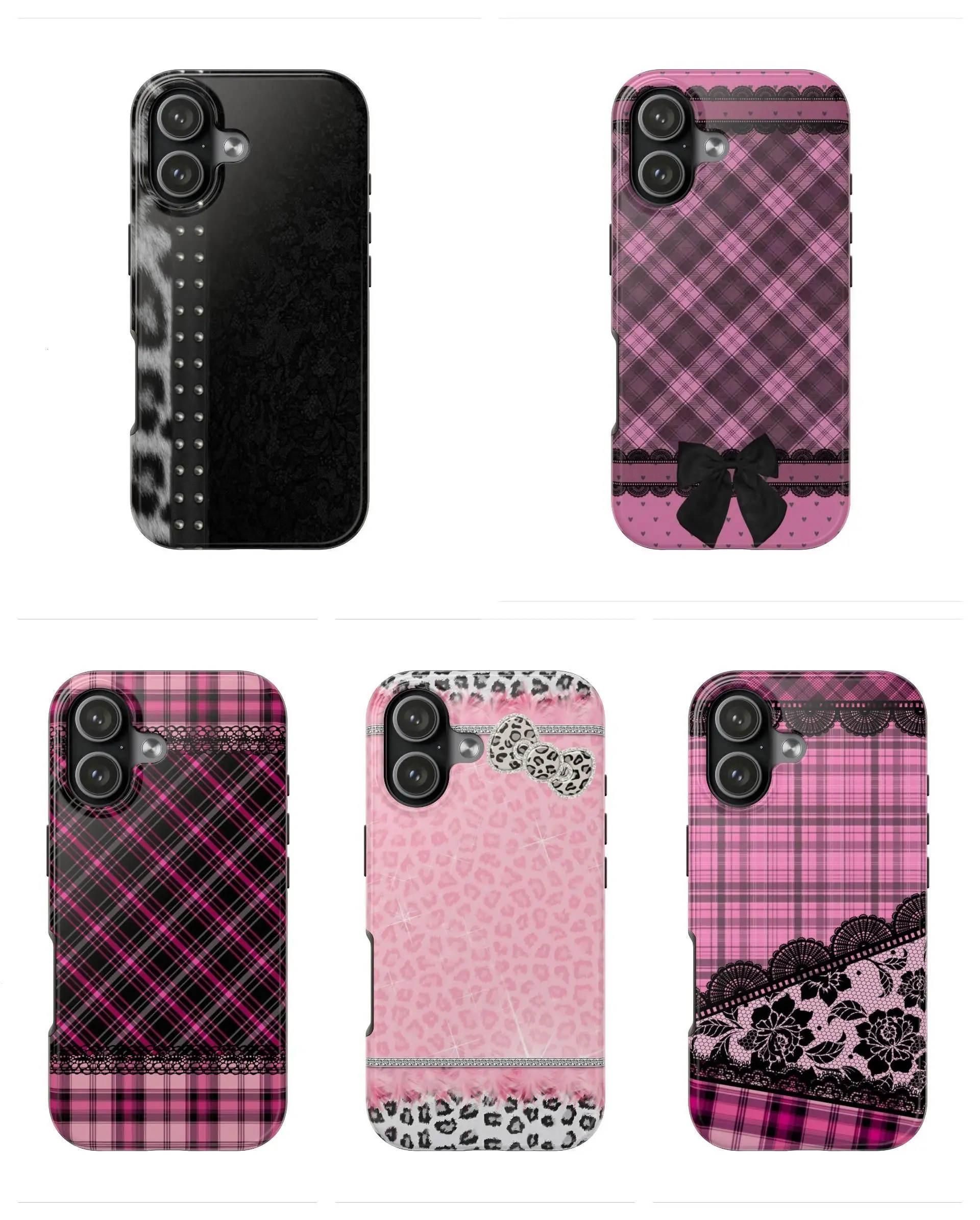 Punk Gyaru Black Lace Cheetah Studded Case, iPhone 17 16 15 14 13 12 11 X 8 7 Pro Max/Pro/Mini, SAMSUNG GALAXY S21 S22 S23 S24 S25 S26 ULTRA PLUS Shockproof Anti-Drop Protective Cases