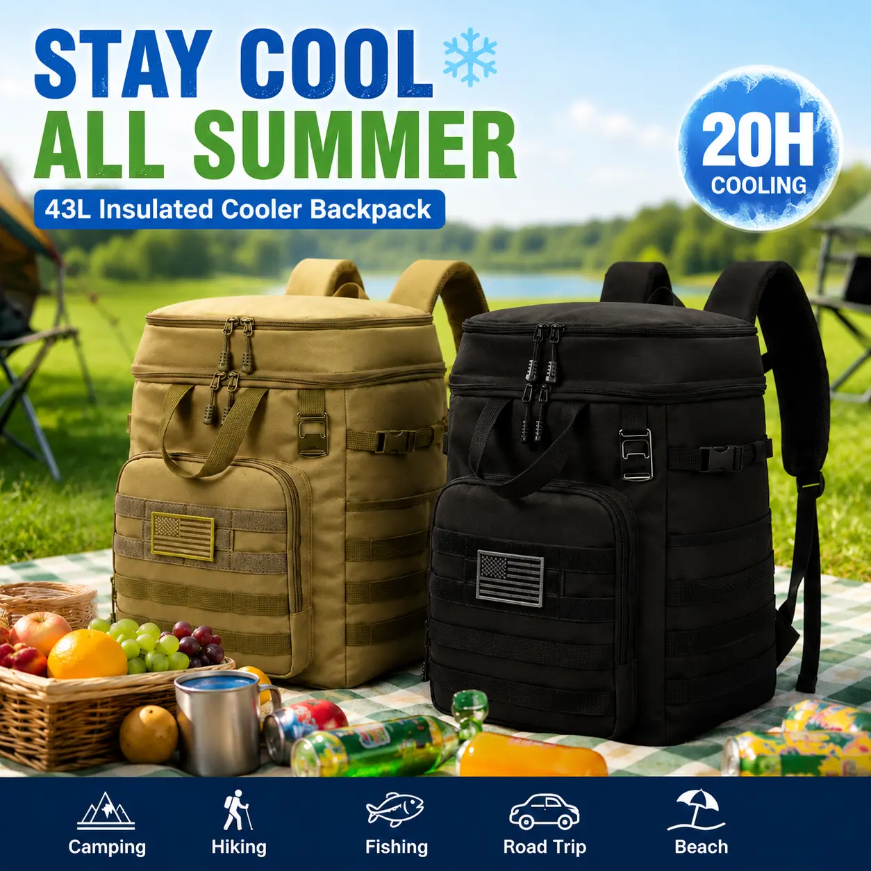 HP Hope 43L Dual Compartment Insulated Cooler Backpack, Leakproof Waterproof Soft Ice Chest Backpack, Double Layer Multi-Pocket Cooler Bag for Beach, Camping, Fishing, Hiking, Boating, Picnic, Outdoor Food Storage, Prepper Gear,Emergency Supplies