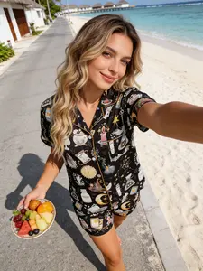 Women's Short Sleeve Pyjama Set, Magic Witch Moon Potion Skull Full Print, Gothic Style Comfortable Breathable Home Wear