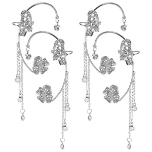4 PCS Set Sparkling Butterfly & Floral Tassel Ear Cuffs with Clear Zirconia - Luxurious Non-Piercing Jewelry for Women, Ideal for Weddings & Special Occasions, Special Occasion Jewelry|Floral Design|Luxurious Finish