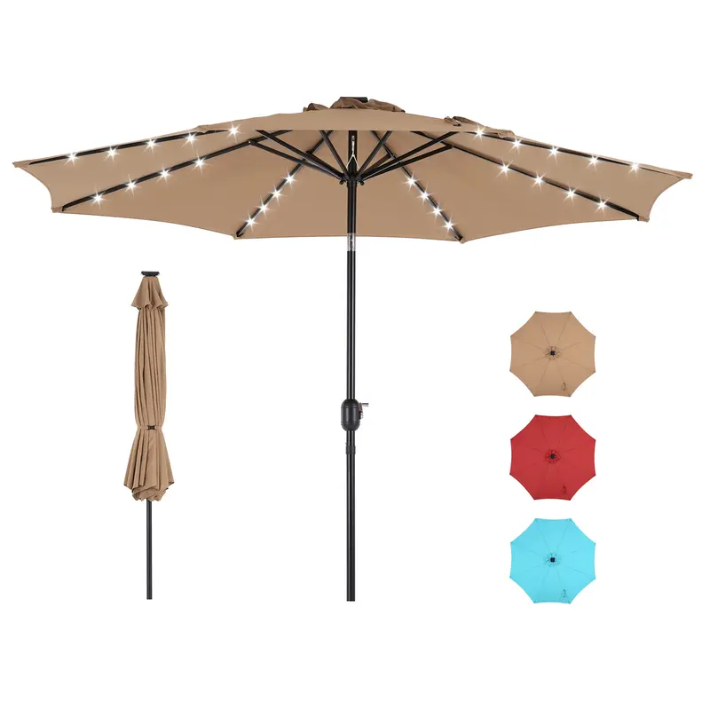 Sweetcrispy 10FT Round Iron Solar Outdoor Tilting Table Umbrella (115.2x115.2x98.4in) - 32 LED Lights, Crank Open, Push Button Tilt, 8-Rib Strong Hold, Stable, Ventilation System, Water-Resistant UV-Resistant, 10FT Wide Shade for Patio, Backyard