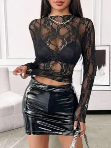 2026 Spring Summer European Style Sheer Lace Top, Sexy Fitted Short Sleeve Innerwear, Simple Solid Color Fashion Shirt for Women