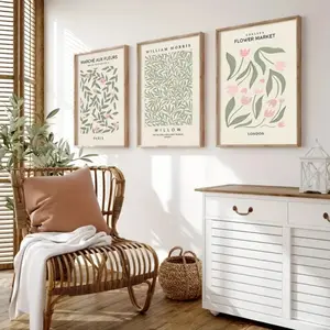 3 Pieces Optional Wooden Frame Green Pink Sage Floral Wall Art Print Botanical Modern Art Canvas Poster Neutral Flower Wall Decor Gallery Wall Hanging Picture Background Wall Mural Vintage Flower Print Aesthetic Decoration