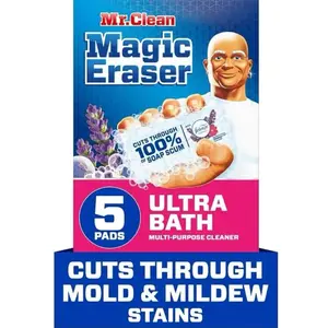 Mr. Clean Magic Eraser 2 in 1 Built-in Cleaner, 7 Count, Lavender Scented, Cuts Through 100% Soap Scum & Grime, Multi-Surface Bathroom Cleaner