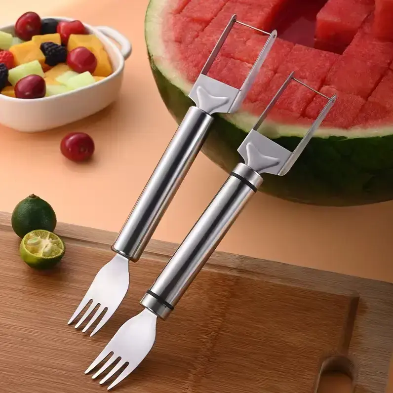 2-in-1 Watermelon Fork Slicer Cutter Stainless Steel Summer Watermelon Cutter for Kitchen Gadget Camping Home Party