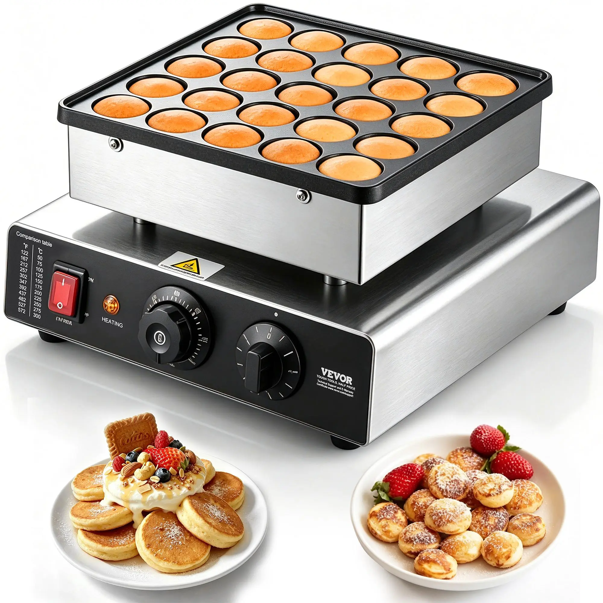 VEVOR Mini Pancake Maker, 25PCS 43mm Diameter Dutch Muffin Waffle Baker, Non-stick Stainless Steel Poffertjes Grill, Commercial Electric Dorayaki Machine, Temp & Time Control, Home Kitchen Restaurant