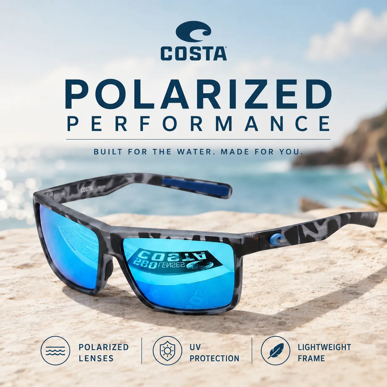 Costa Del Mar Polarized Sunglasses for Men, Blue Mirror Fishing Sunglasses with UV Protection, Lightweight Square Sport Shades for Boating Driving Beach Outdoor Activities