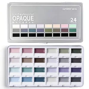 Superior 24-Color Opaque Semi-Moist Solid Watercolor Paint Set, Art Supplies for Artists, Beginners, Amateur Hobbyists, Painting Tools