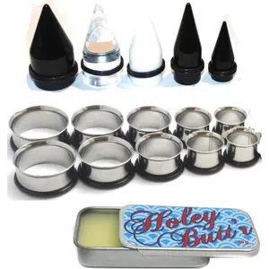 15 Pc Huge Tapers Ear Stretching Kit Black Clear White Tapers and Surgical Steel Tunnels 0g-1 inch Holey Butt'r