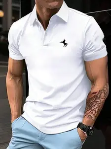 Men's Regular Fit Horse Print Polo Shirt, Casual Short Sleeve Half Zip Up Collar Top for Summer, Fashion Men's Clothes for Daily Wear, Tropical, Menswear