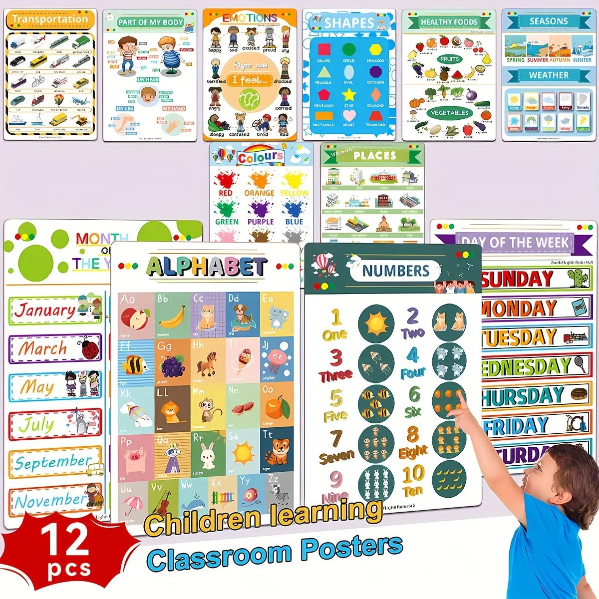 12 Pcs Children Early Education English Learning Posters Wall Charts, Alphabet Learning Chart, Educational Visual Aids for Kids, Home Schooling Supplies, Preschool Learning Materials, Classroom Supplies