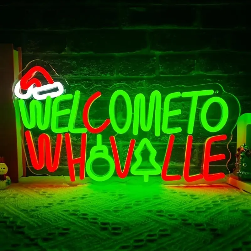 Whoville Festive Text LED Neon Sign - Indoor-Outdoor Christmas Wall Decoration, Window Bedroom Party Gift Led Lights