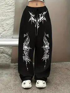 Y2K Campus Gothic Print Loose Fit Pants, Dark Street Style, Adjustable Drawstring Waist, Soft and Structured, Perfect for Casual