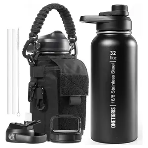 32 oz Insulated Water Bottle with Straw Tactical Stainless Steel Thermos Wide Mouth Sport Jug Leakproof 3 Lids & Sleeve for Travel Gym Camping Hiking